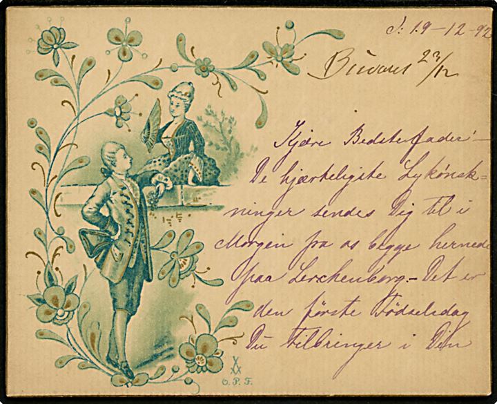 Kartonkort med ungt par dateret d. 19.12.1892. O.P.F. u/no.