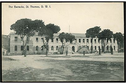D.V.I., St. Thomas, The barracks. Lightbourn u/no. Frankeret med 10 bit Fr. VIII stemplet St. Thomas d. 11.1.1910 til Korsør, Danmark.