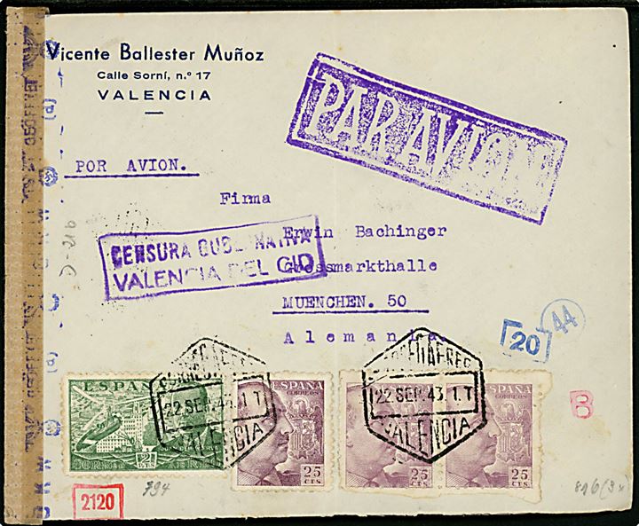 25 cts. Franco (3) og 2 pts. luftpost på luftpostbrev fra Valencia d. 22.9.1943 via Barcelona til München, Tyskland. Spansk censur fra Valencia del Cid og åbnet af tysk censur.