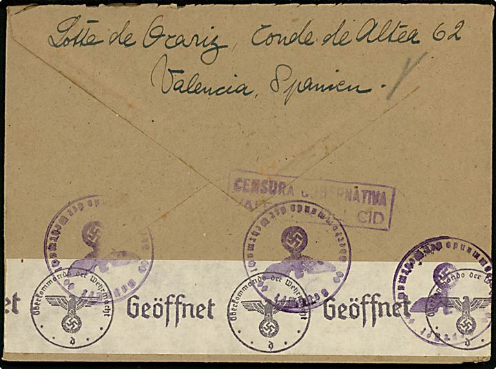 20 cts., 2 pts. Franco og 50 cts. luftpost på luftpostbrev fra Valencia d. 26.8.1941 til München, Tyskland. Åbnet af lokal spansk censur i Valencia og tysk censur. 