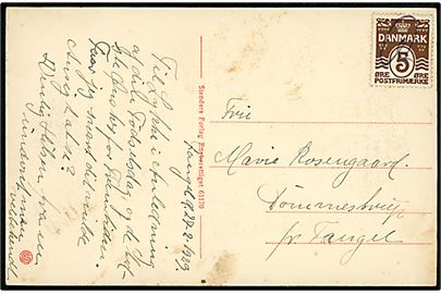 5 øre Bølgelinie på lokalt brevkort dateret i Fangel d. 27.2.1929 annulleret med signatur til Dømmestrup pr. Fangel.