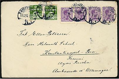 10 øre Bølgelinie (2) og 15 øre Chr. X (4) på 80 øre frankeret brev fra Kjøbenhavn d. 11.6.1925 til den tyske ambassade i Konstantinopel, Tyrkiet.