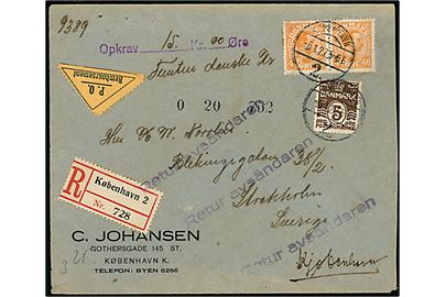 5 øre Bølgelinie og 40 øre Chr. X i parstykke på 85 øre frankeret anbefalet brev med postopkrævning fra København 2 d. 6.1.1927 til Stockholm, Sverige. Returneret som ikke indløst.