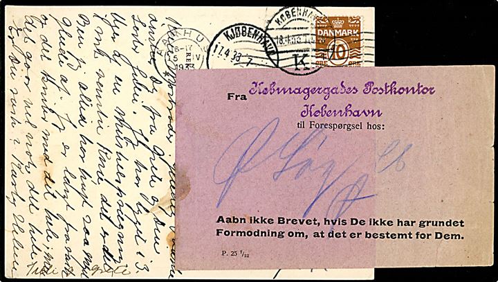 10 øre Bølgelinie på brevkort (Den danske skole i Slesvig) fra Aarhus d. 17.4.1933 til København. Ubekendt og forespurgt med etiket P.25 7/22 fra Købmagergades Postkontor København.