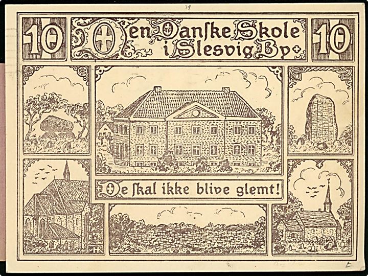 10 øre Bølgelinie på brevkort (Den danske skole i Slesvig) fra Aarhus d. 17.4.1933 til København. Ubekendt og forespurgt med etiket P.25 7/22 fra Købmagergades Postkontor København.