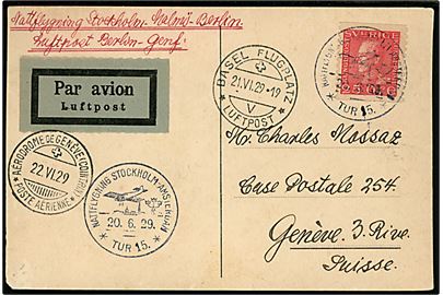 25 öre Gustaf på luftpost brevkort annulleret Nattflygning Stockholm - Amsterdam * Tur 15. * d. 20.6.1929 via Basel til Geneve, Schweiz. 