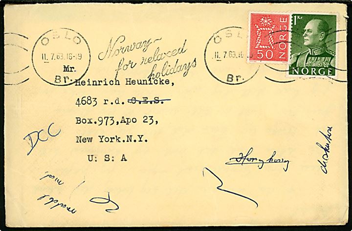 50 øre Knob og 1 kr. Olav på brev fra Oslo d. 11.7.1963 til dansk arbejder på Thulebasen via amerikansk feltpostadresse APO 23, New York, USA. 