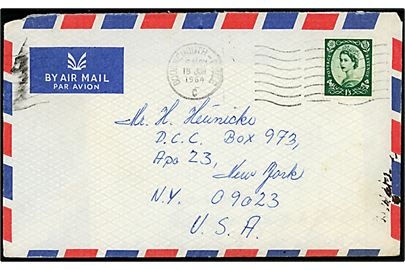 Britisk 1/3 sh. Elizabeth single på luftportbrev fra Bournemouth d. 18.6.1964 til dansk arbejder på Thulebasen via amerikansk feltpostadresse APO 23, New York, USA. 