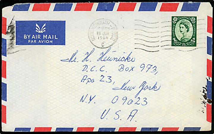 Britisk 1/3 sh. Elizabeth single på luftportbrev fra Bournemouth d. 18.6.1964 til dansk arbejder på Thulebasen via amerikansk feltpostadresse APO 23, New York, USA. 