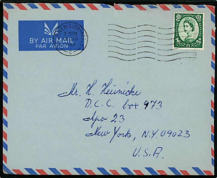 Britisk 1/3 sh. Elizabeth single på luftportbrev fra Bournemouth d. 18.1.1965 til dansk arbejder på Thulebasen via amerikansk feltpostadresse APO 23, New York, USA. 