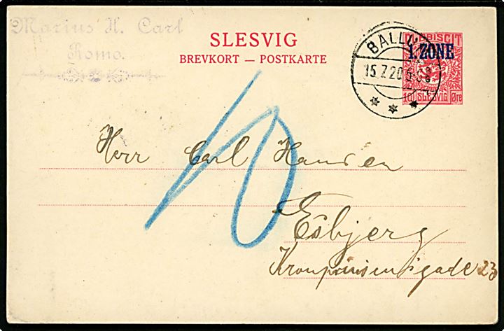 10 øre 1. Zone helsagsbrevkort sendt underfrankeret fra Havneby på Rømø annulleret brotype IIb Ballum d. 15.7.1920 til Esbjerg. udtakseret i 10 øre porto. Taksten for indenrigs brevkort var 15 øre pr. 1.7.1920. Sen anvendelse af Slesvig helsag.