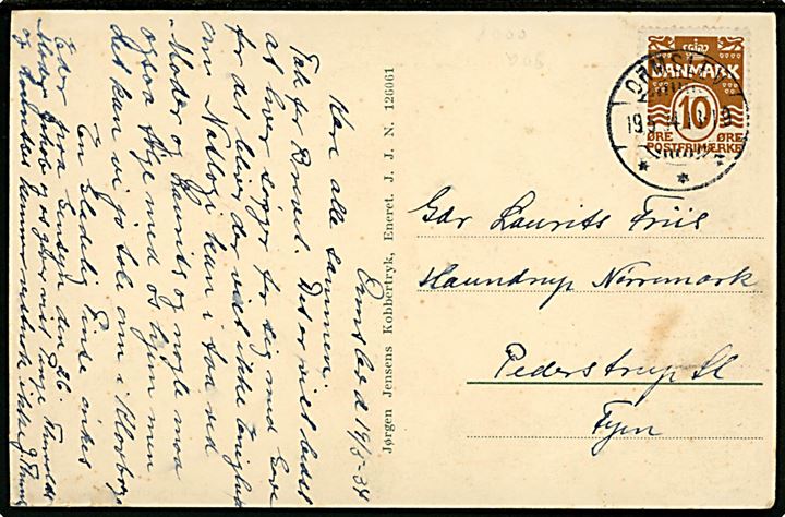 10 øre Bølgelinie på brevkort annulleret med brotype Ic Ormslev d. 19.5.1934 til Pederstrup.