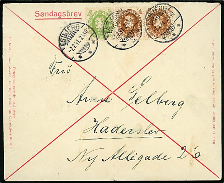 5 øre og 10 øre (par) Chr. X 60 år på fortrykt Søndagsbrev kuvert annulleret med brotype Id Esbjerg d. 7.2.1931 til Haderslev. På bagsiden fortegnelse over postkontorer hvorfra der udbringes søndagsbreve. Lodret fold.