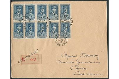 Algerie. 1 fr. i 10-blok på stort anbefalet flådepostbrev annulleret Poste Navale Bureau No. 71 d. 27.8.1943 til Conakry, Fransk Guinea.