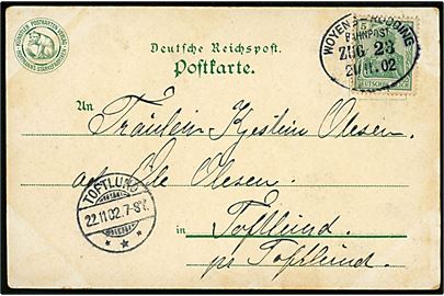 5 pfg. Germania på brevkort annulleret med bureaustempel Woyens - Rödding Bahnpost Zug 23 d. 21.11.1902 til Toftlund.