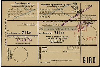 Retur Indkasserings-indbetalingskort fra Charlottenlund til Randers. Stemplet Indgået med mangel af frimærker og trodat stempel Randers Postkontor d. 27.4.1964.