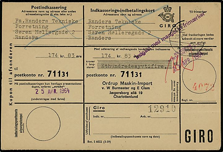 Retur Indkasserings-indbetalingskort fra Charlottenlund til Randers. Stemplet Indgået med mangel af frimærker og trodat stempel Randers Postkontor d. 27.4.1964.