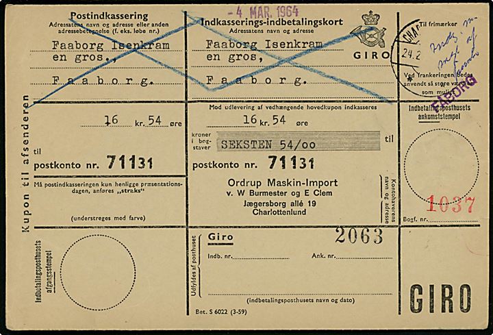 Retur Indkasserings-indbetalingskort fra Charlottenlund d. 24.2.1964 til Faaborg. Påskrevet Indg. m. mgl. af frim. (Indgået med mangel af frimærke) og liniestempel FÅBORG.