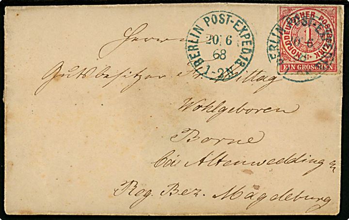 Norddeutscher Postbezirk. 1 gr. stukken kant på brev fra berlin d. 20.6.1868 til Borne b. Altenwedding. 
