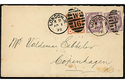 ½d og 1d (2) Victoria på brev fra London d. 1.4.1892 til København, Danmark.