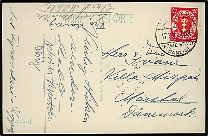 20 pfg. Våben på brevkort fra Zoppot (Freie Stadt) Danzig d. 17.7.1931 til Marstal, Danmark.