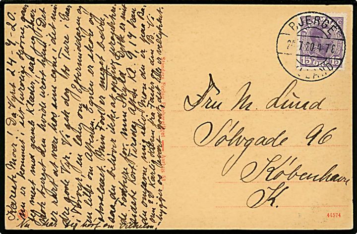 15 øre Chr. X på brevkort annulleret brotype IIb Bjerge Jylland d. 24.7.19220 til København.
