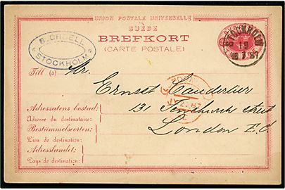 10 öre Tre Kroner helsagsbrevkort fra Stockholm d. 19.7.1887 til London, England.