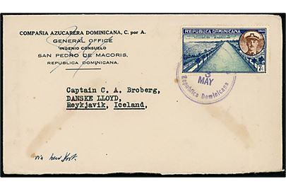7 c. single på brev fra San Pedro de Macoris d. 3.5.1936 påskrevet via New York til Reykjavik, Island.