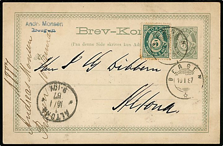 5 øre helsagsbrevkort opfrankeret med 5 øre Posthorn fra Bergen d. 10.1.1887 til Altona, Tyskland.