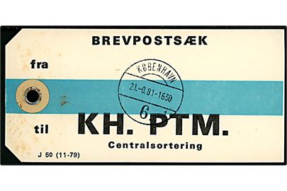 Brevpostsæk mærkat - J 50 (11-79) - fra København 6 d. 21.8.1981 til KH.PTM Centralsortering. 