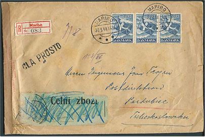 40+5 øre Frihedsfonden i 3-stribe på anbefalet brev fra Maribo d. 30.3.1948 til Pardubice, Tjekkoslovakiet. Åbnet af tjekkisk toldkontrol. Lidt nusset.