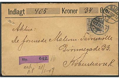 25 øre Chr. IX single på værdibrev fra Eiby d. 19.1.1907 til Kjøbenhavn.