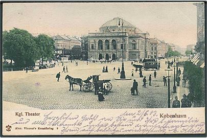 Kongens Nytorv med det Kgl. Theater, heste-omnibus og i baggrunden sporvogn. A. Vincents No. 9