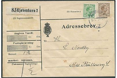 5 øre og 25 øre Chr. X på adressebrev for lokal pakke i Kjøbenhavn d. 22.5.1919.