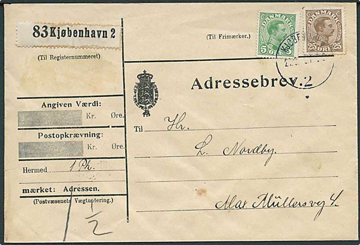5 øre og 25 øre Chr. X på adressebrev for lokal pakke i Kjøbenhavn d. 22.5.1919.