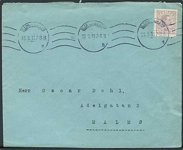 15 øre Chr. X single på brev fra Kjøbenhavn d. 11.9.1919 til Malmö, Sverige. 