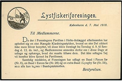 Lystfiskerforeningen. 3 øre helsagsbrevkort med fortrykt illustreret meddelelse sendt lokalt i Kjøbenhavn d. 8.5.1918.