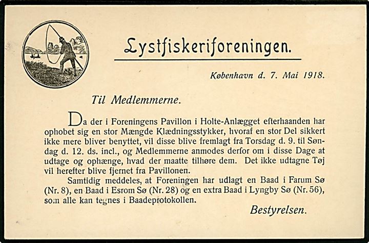 Lystfiskerforeningen. 3 øre helsagsbrevkort med fortrykt illustreret meddelelse sendt lokalt i Kjøbenhavn d. 8.5.1918.