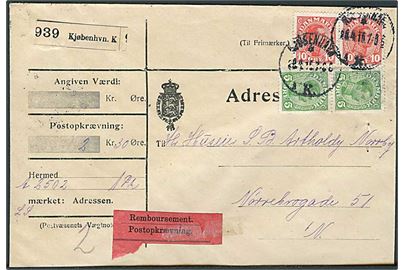 5 øre (2) og 10 øre (2) Chr. X på adressebrev for lokal pakke med opkrævning i Kjøbenhavn d. 29.4.1915.
