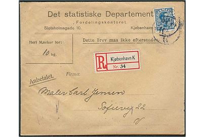 20 øre Chr. X single på lokalt anbefalet brev i Kjøbenhavn 1918 - utydelig dato.