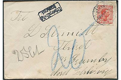 10 øre Chr. X på underfrankeret brev fra Stouby ca. 1918 til Thiset pr. Gramby, Nordslesvig. Rammestempel Utilstrækkelig frankeret og udtakseret i 20 pfg. tysk porto.