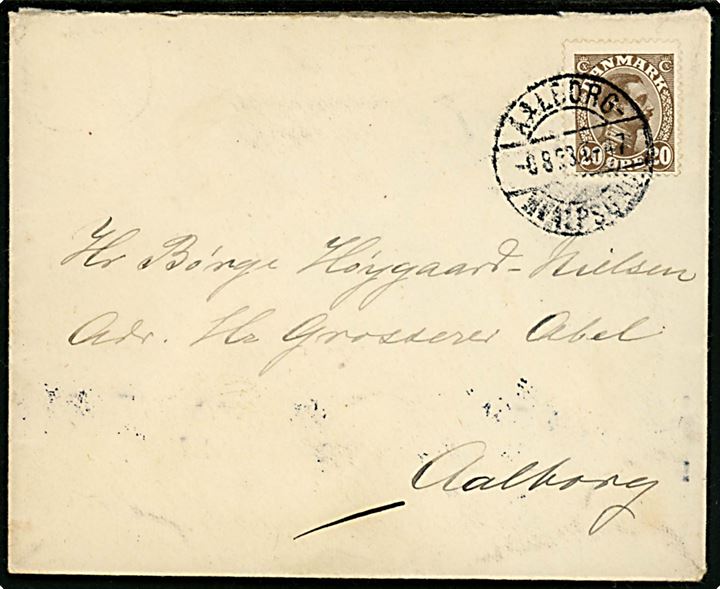 20 øre Chr. X på brev annulleret med bureaustempel Aalborg - Hvalpsund T.47 d. 6.8.1923 til Aalborg.