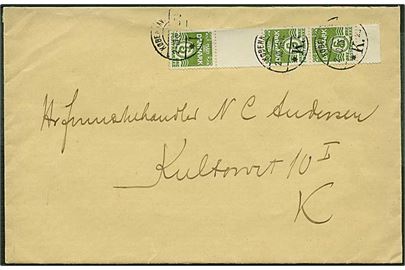 5 øre grøn bølgelinie, Tête-Bêche, på lokal brev fra København d. 2.10.1936.
