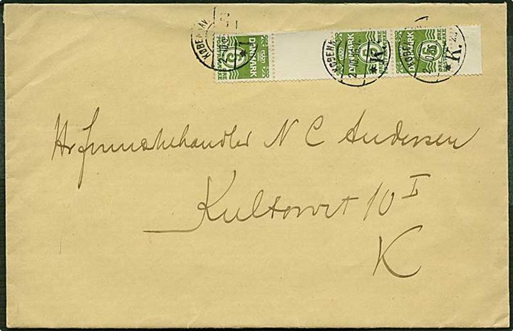 5 øre grøn bølgelinie, Tête-Bêche, på lokal brev fra København d. 2.10.1936.