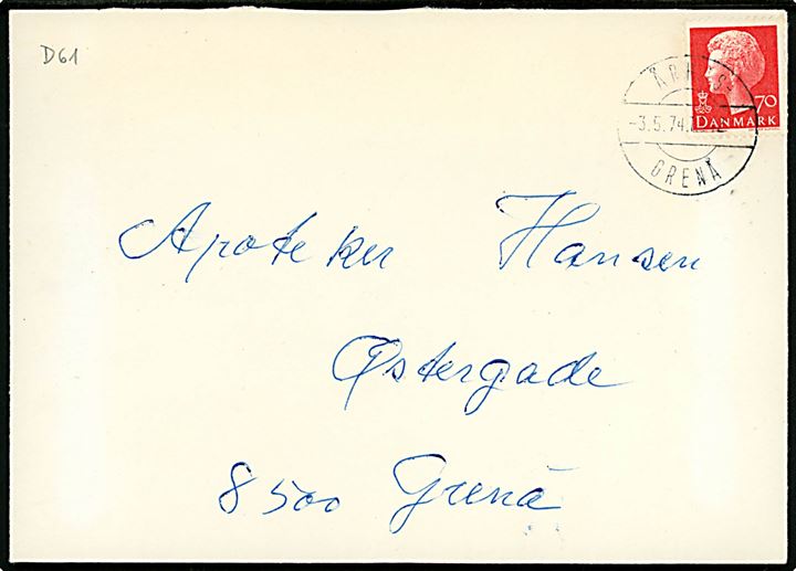 70 øre Margrethe på brev annulleret med bureaustempel Århus - Grenå T.642 d. 3.5.1974 til Grenå. Bagklap mgl.