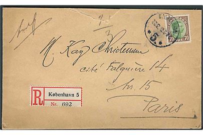70 øre Chr. X single på anbefalet brev fra Kjøbenhavn d. 20.12.1922 til Paris, Frankrig.