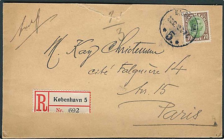 70 øre Chr. X single på anbefalet brev fra Kjøbenhavn d. 20.12.1922 til Paris, Frankrig.