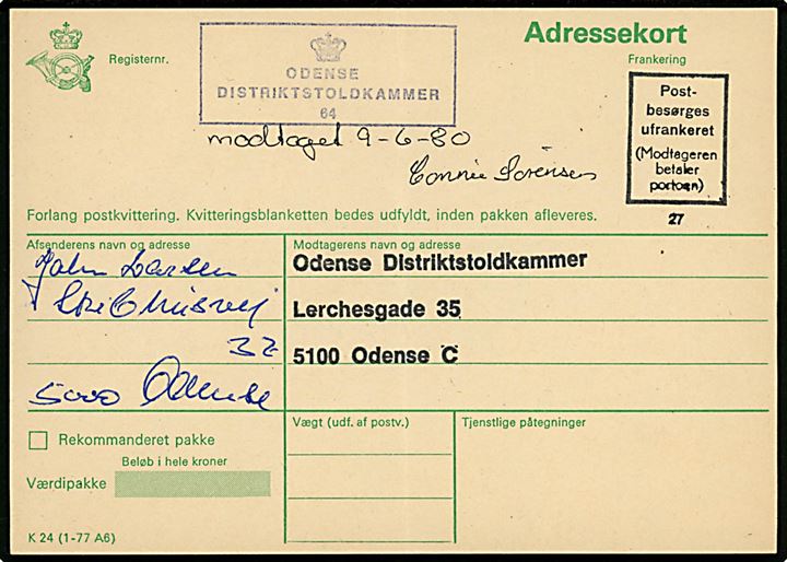 Ufrankeret adressekort for pakke med stempel Postbesørges ufrankeret (Modtager betaler portoen) til Odense Distriktstoldkammer. Noteret: modtaget  9-6-80