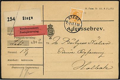 35 øre Chr. X single på adressebrev for pakke med postopkrævning fra Stege d. 2.7.1917 til Holbæk.