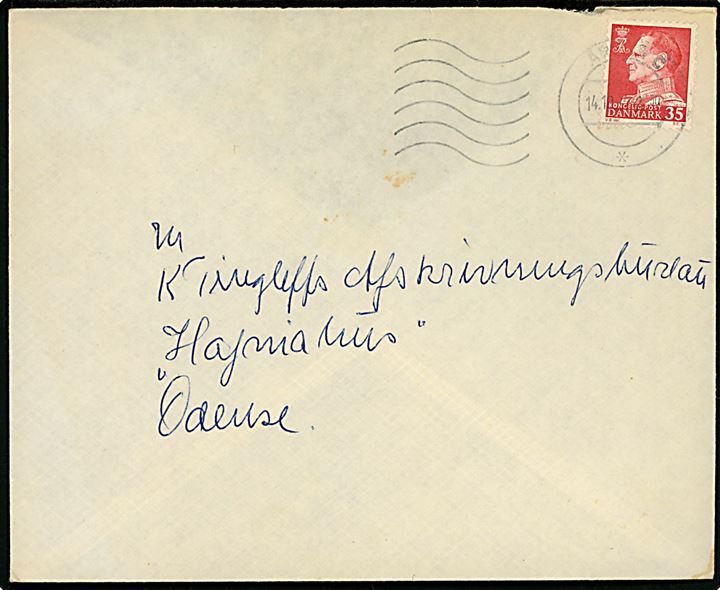 35 øre Fr. IX (fluorescerende papir)  single på brev fra Århus C d. 14.10.1964 til Odense. Bagklap mgl.